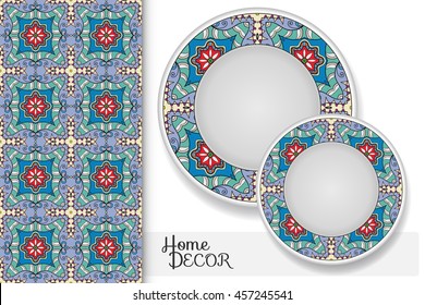 Vertical seamless geometric floral pattern and set of two matching decorative plates for interior design. Vector decoration with isolated design elements. Tribal ethnic ornament, home decor background
