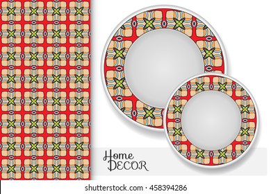 Vertical seamless geometric floral pattern and set of two matching decorative plates for interior design. Vector decoration with isolated design elements. Tribal ethnic ornament, home decor background