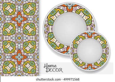 Vertical seamless geometric floral pattern and set of two matching decorative plates for interior design. Vector decoration with isolated design elements. Tribal ethnic ornament, home decor background