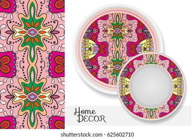 Vertical seamless geometric floral pattern and set of two matching decorative plates for interior design. Vector decoration with isolated design elements. Tribal ethnic ornament, home decor background