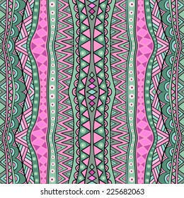 Vertical seamless geometric pattern. Abstract ethnic ornament in vintage colors. Retro multicolored tribal background. Vector file is EPS8.