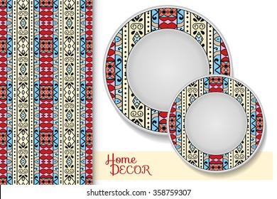 Vertical seamless geometric pattern and set of 2 matching decorative plates for interior design. Tribal ethnic ornament, home decor vector illustration.