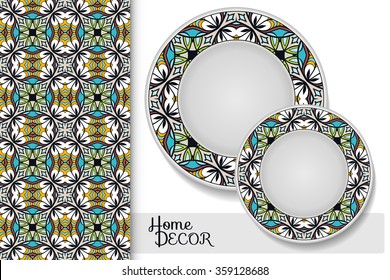 Vertical seamless geometric pattern and set of 2 matching decorative plates for interior design. Tribal ethnic ornament, home decor vector illustration.