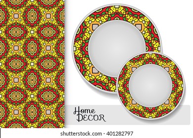 Vertical seamless geometric pattern and set of 2 matching decorative plates for interior design. Tribal ethnic ornament, home decor vector illustration.