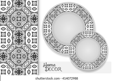 Vertical seamless geometric pattern and set of 2 matching decorative plates for interior design. Tribal ethnic ornament, home decor vector illustration. Black and white background