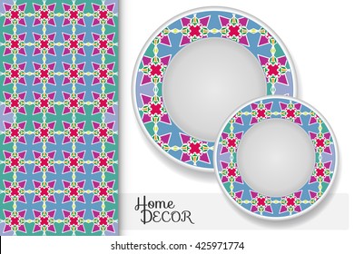 Vertical seamless geometric pattern and set of two matching decorative plates for interior design. Vector decoration with isolated design elements. Tribal ethnic ornament, home decor background