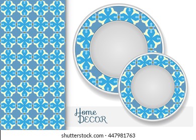 Vertical seamless geometric pattern and set of two matching decorative plates for interior design. Vector decoration with isolated design elements. Tribal ethnic ornament, home decor background