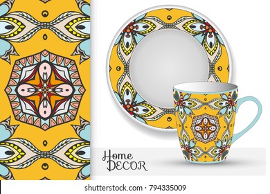 Vertical seamless hand drawn pattern, decorative plate and matching cup for interior design. Isolated design elements. Colorful doodle ornament, tribal ethnic mandala, home decor background