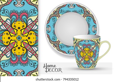 Vertical seamless hand drawn pattern, decorative plate and matching cup for interior design. Isolated design elements. Colorful doodle ornament, tribal ethnic mandala, home decor background