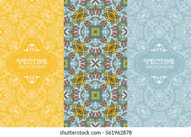 Vertical seamless hand drawn patterns for Wedding, Valentine's day, greeting cards or Birthday Invitations, templates for packaging with place for the text. Decorative seamless backgrounds set