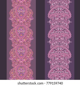 Vertical seamless lace pattern with ethnic elements and flowers. Vector set of 2. Purple  background. Use for embroidery, braid, tape, ribbon.