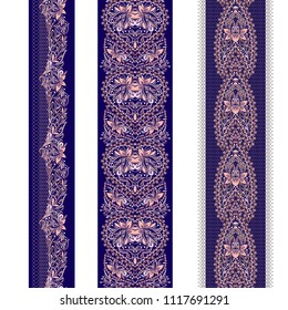 Vertical seamless lace pattern with flowers and ethnic elements. Vector set of 3. White  background. Use for embroidery, braid, tape, ribbon.