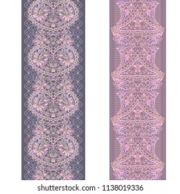 Vertical seamless lace pattern with paisley and ethnic elements. Vector set of 2. Monochrome burgundy and grey  background. Use for embroidery, braid, tape, ribbon.