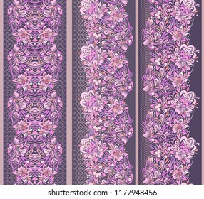 Vertical seamless lace pattern with paisley and flowers. Vector set of 3. Pastel  background. Use for embroidery, braid, tape, ribbon.