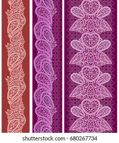 Vertical seamless lace pattern with paisley and flowers. Vector set of 3. Purple and orange  background. Use for embroidery, braid, tape, ribbon.