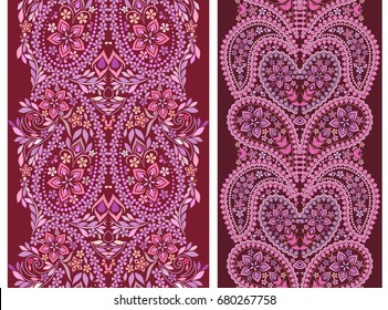 Vertical seamless lace pattern with paisley and flowers. Vector set of 2. Burgundy  background. Use for embroidery, braid, tape, ribbon.