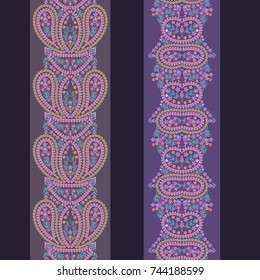 Vertical seamless lace pattern with paisley and flowers. Vector set of 2. Ethnic monochrome  background. Use for embroidery, braid, tape, ribbon.
