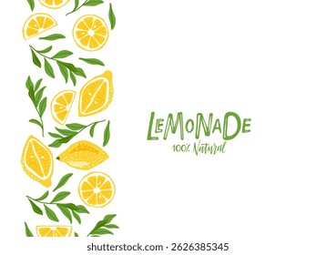 Borda de limonada sem costura vertical. Frutas com esboço desenhado à mão na folha. Fruta inteira e metade cortada. Ilustração vetorial para menu, etiqueta de suco, anúncio. Casa sem emenda feita Lemonade fundo