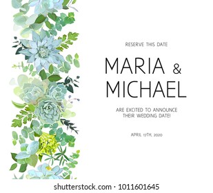 Vertical seamless line garland with baby blue eucalyptus, succulents,green hydrangea, wildflowers, various plants, leaves and herbs. Natural card or frame. Banner stripe. All elements are isolated.