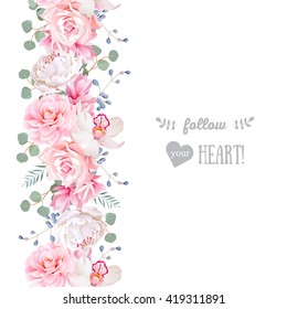 Vertical seamless line garland with camellia, rose, peony, eucalyptus leaves and orchid. Cute wedding floral vector design frame. Banner stripe element.