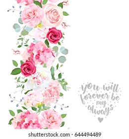 Vertical seamless line garland with camellia, rose, peony, hydrangea, green leaves and blue berries. Cute garden floral vector design frame. Banner stripe. All elements are isolated and editable.