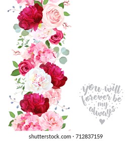 Vertical seamless line garland with camellia, rose, burgundy red and white peony, hydrangea, green leaves. Floral vector design frame. Banner stripe. All elements are isolated and editable.