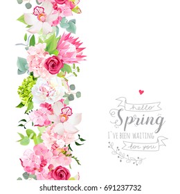 Vertical seamless line garland with pink hydrangea, orchid, white peony, protea, rose flowers, mint eucalyptus, mixed green plants. Floral vector design frame. Banner stripe. All elements are isolated