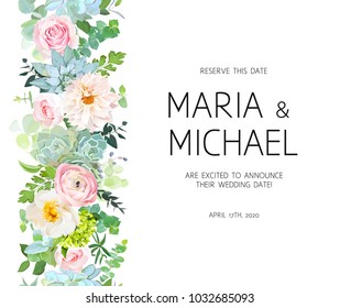 Vertical seamless line garland with rose, dahlia, ranunculus, eucalyptus, succulents, hydrangea, wildflowers, various plants, leaves and herbs. Natural card. Banner stripe All elements are isolated