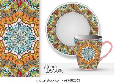 Vertical seamless mandala doodle pattern, set of matching decorative plate and cup for interior design. Isolated design elements. Colorful tribal ethnic ornament, home decor background