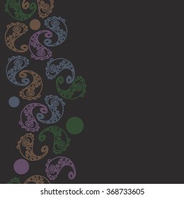 Vertical seamless oriental pattern, doodles, spirals, waves, ellipses, hole, copy space. Hand drawn.