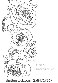 Vertical seamless pattern with abstract line garden roses, with leaves. White background with blossoming outline flowers. Vintage floral hand drawn wallpaper. Vector stock illustration.