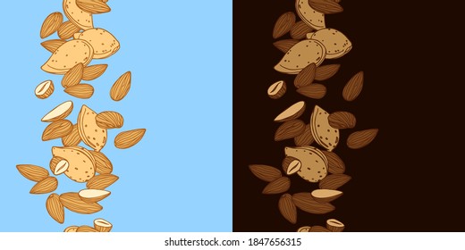 vertical seamless pattern of almond kernels, for menu design or confectionery, textiles, vector illustration with colored contour lines on a blue & chocolate background in doodle & hand drawn style