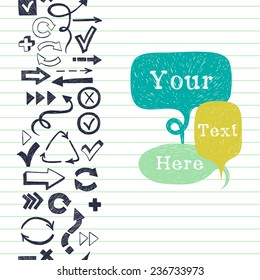 Vertical seamless pattern with arrows, checkmarks and checkboxes drawn in a doodled style and speech bubbles for the text on lined notepaper background.