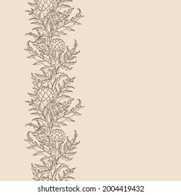 vertical seamless pattern, artichoke buds with leaves, menu decoration, for frame or border, color vector illustration with sepia contour lines on a creamy background in a hand drawn style