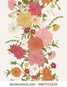 Vertical seamless pattern with autumn flowers, herbs and berries. Colorful