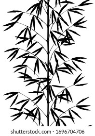 Vertical seamless pattern background of black bamboo silhouette stem with leaves isolated on white. Vector illustration