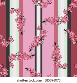 Vertical seamless pattern with beautiful sacura spring cherry tree on the striped pink background. Floral design for Valentine Day, wedding, loved, Women`s day. For wallpaper, textile
