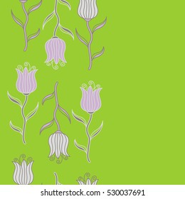 Vertical seamless pattern. Bouquets of green, gray and neutral tulips. Ditsy flowers. Vector illustration.