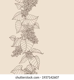 vertical seamless pattern, branch of lilac with flowers and leaves, for ornaments, decorative frames, borders, color vector illustration with contour lines on a white background in hand drawn style