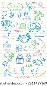 A vertical seamless pattern of career promotion, data sharing, and business success doodles on lined paper.