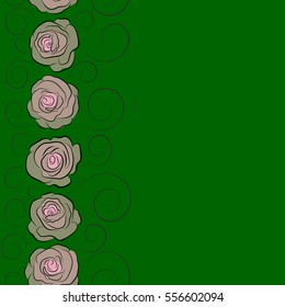 Vertical seamless pattern with copy space (place for your text). Watercolor flowers illustration in green, pink and gray colors.