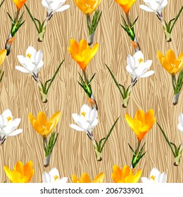 Vertical seamless pattern with crocuses and texture of wood