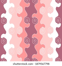 Аbstract vertical seamless pattern with curls in purple and peach colors with white accents