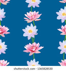 vertical seamless pattern of delicate blooming pink water lilies on blue background