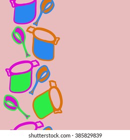 Vertical seamless pattern of dishes,objects, doodles,saucepan, pan, copy space. Hand drawn.