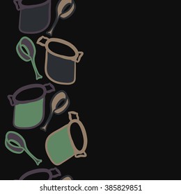 Vertical seamless pattern of dishes,objects, doodles,saucepan, pan, copy space. Hand drawn.