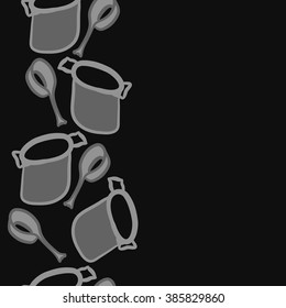 Vertical seamless pattern of dishes,objects, doodles,saucepan, pan, copy space. Hand drawn.