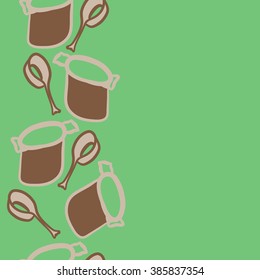 Vertical seamless pattern of dishes,objects, doodles,saucepan, pan, copy space. Hand drawn.