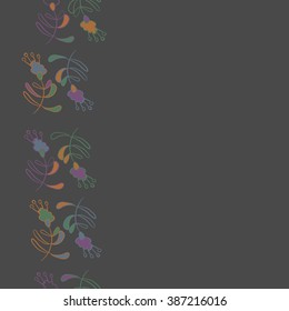Vertical  seamless pattern, doodles, branches, leaves, stamens,  copy space,floral theme. Hand drawn.