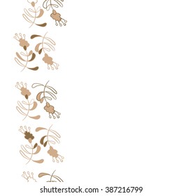 Vertical  seamless pattern, doodles, branches, leaves, stamens,  copy space,floral theme. Hand drawn.